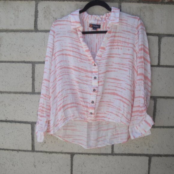 Indigo Poppy Womens Tie Dye Blouse Size L Peach Button Down Rolled Tab Sleeves - Picture 2 of 4